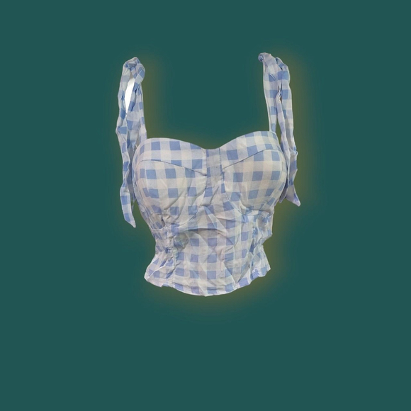 NWT Lily Star Blue and white plaid crop top with bow tie straps - Picture 1 of 4
